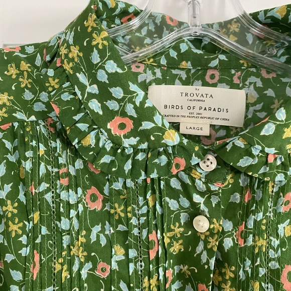 Trovata Gemma Green Floral Ruffle Collar Pleated Smock Sleeve Cotton Blouse - Picture 2 of 6